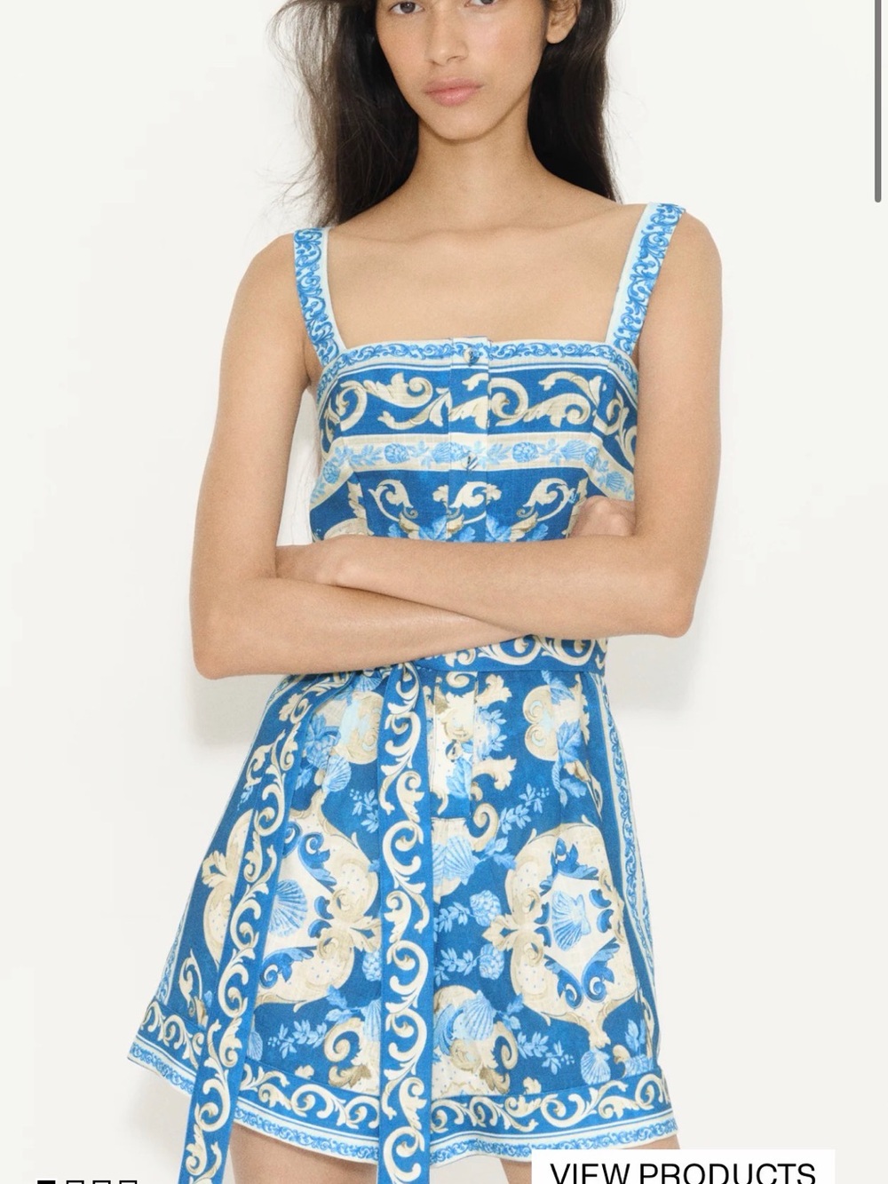 H&M Blue and Cream Printed Square-Neck Romper